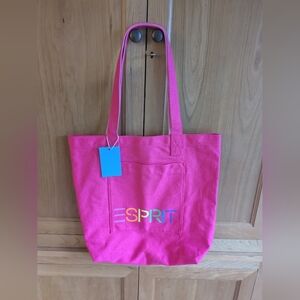 New ESPRIT Pink Canvas Shoulder Tote Bag Y2K Spell Out Logo Rainbow Retro